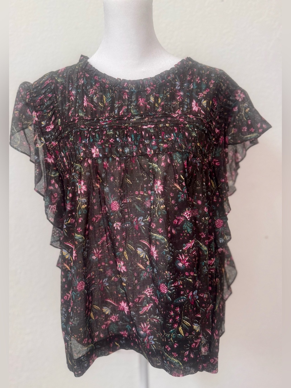 Isabel Marant Etoile Layona ruffle sleeve top- Black floral print cotton - Picture 4 of 11
